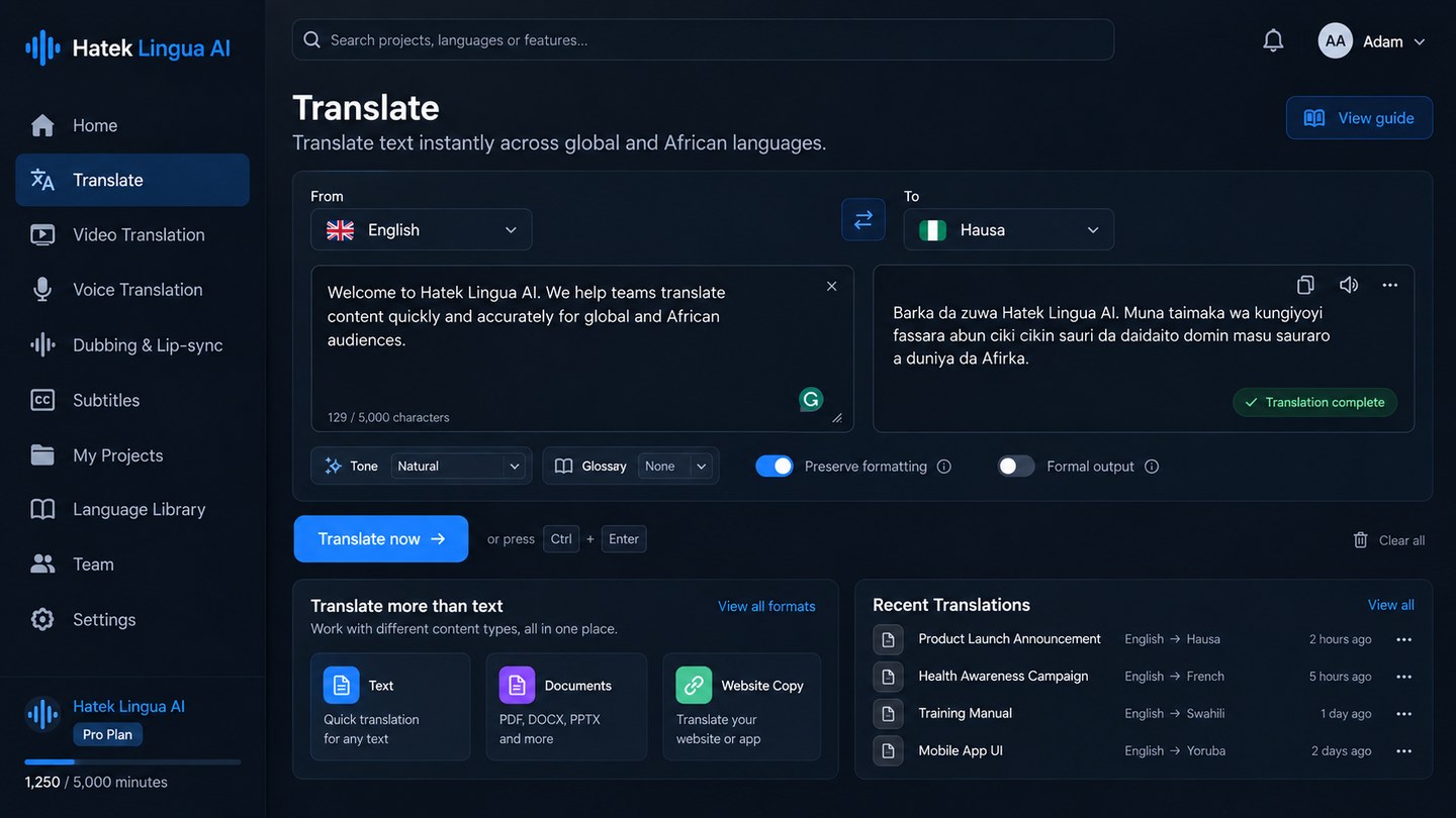 Hatek Lingua AI text translation workspace