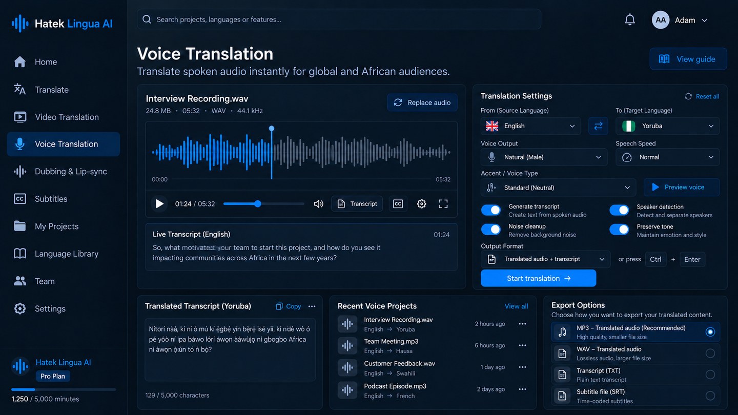 Hatek Lingua AI voice translation workspace